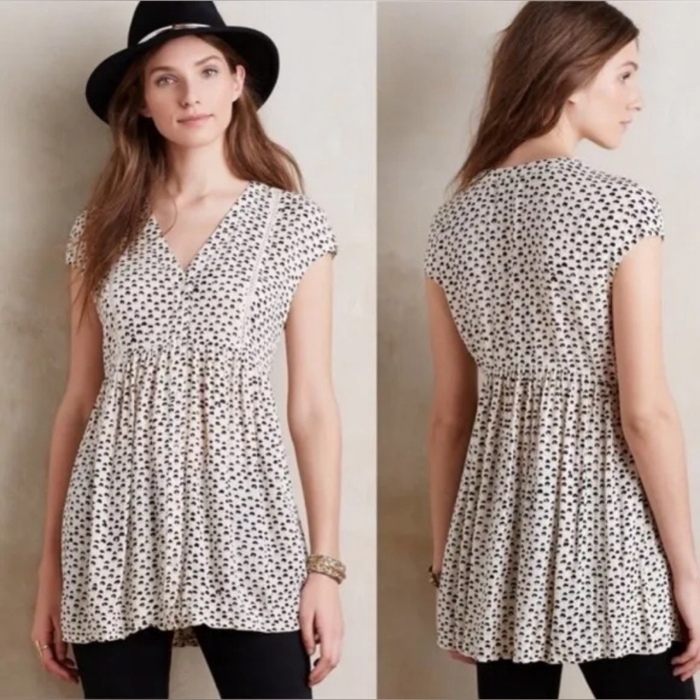 Anthropologie Cream Tunic with Black Microprint